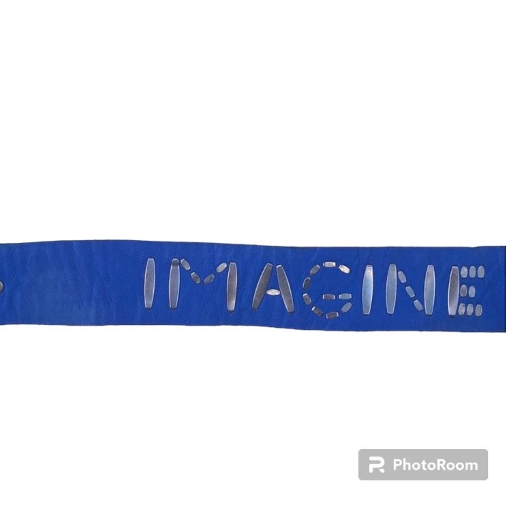 Calleen Cordero Blue Leather Imagine Peace Silver Tone Peace Sign Studded Belt.